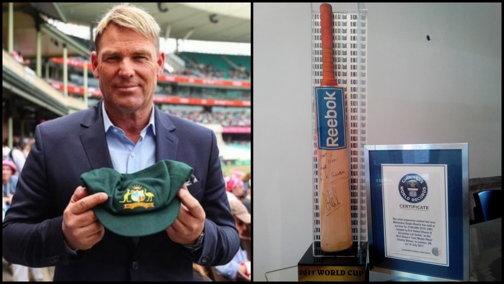 Shane Warne cap and MS Dhoni bat auction (Pic - Twitter)