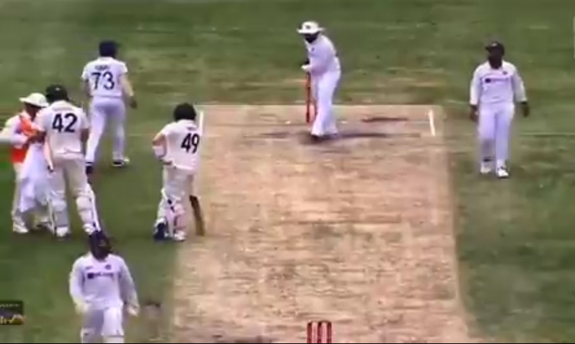 Rohit Sharma imitates Steve Smith as he shadow bats during the Australian innings