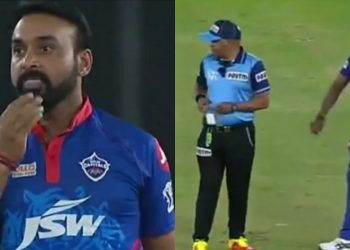 Amit Mishra uses saliva on the cricket ball during BLR vs DC match