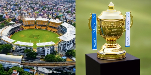 Chennai cricket stadium and IPL trophy (Pic - Twitter)