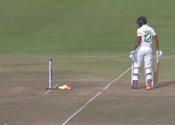 Taijul Islam getting hit-wicket (Pic - Twitter)