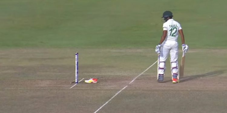 Taijul Islam getting hit-wicket (Pic - Twitter)