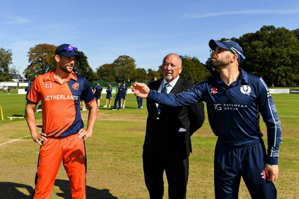 Captains up for a toss during a Netherlands vs Scotland ODI match