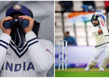 Rohit Sharma was seen watching the match with the help of binoculars which made for an amusing act.