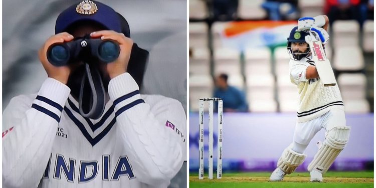 Rohit Sharma was seen watching the match with the help of binoculars which made for an amusing act.