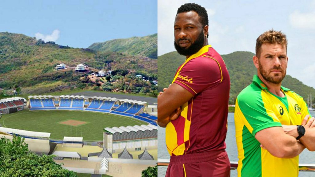 Kieron Pollard and Aaron Finch poses for a picture at Darren Sammy National Stadium St Lucia.