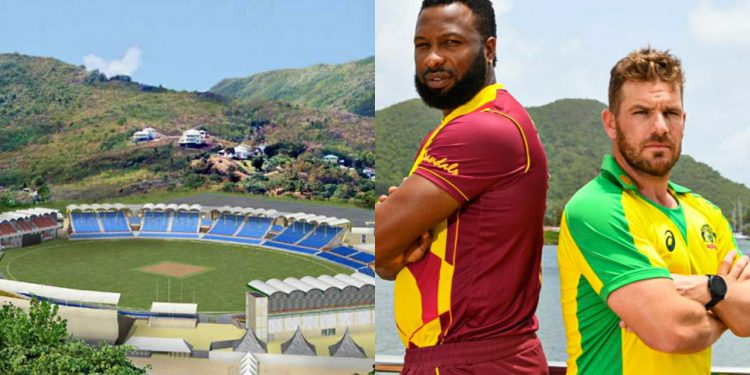 Kieron Pollard and Aaron Finch poses for a picture at Darren Sammy National Stadium St Lucia.