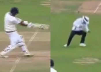 Cheteshwar Pujara was the pick of the batsmen as he played a knock of 91. One of his shots scares the umpire Richard Kettleborough.