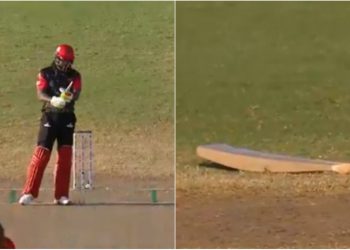 Chris Gayle's bat broke in two pieces (Pic - Fancode)