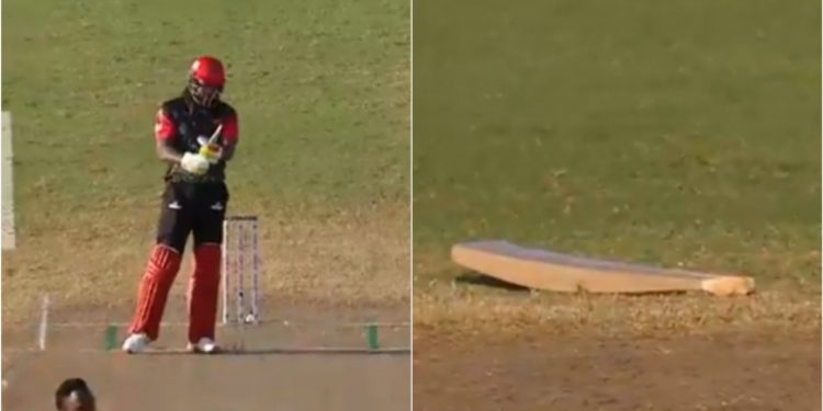 Chris Gayle's bat broke in two pieces (Pic - Fancode)