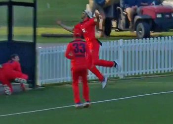 Three South Australia fielders were involved in funny fielding fail (Pic - Fox Cricket)