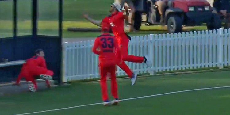 Three South Australia fielders were involved in funny fielding fail (Pic - Fox Cricket)