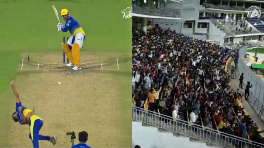 MS Dhoni hits a six during CSK Practice Match 2023.