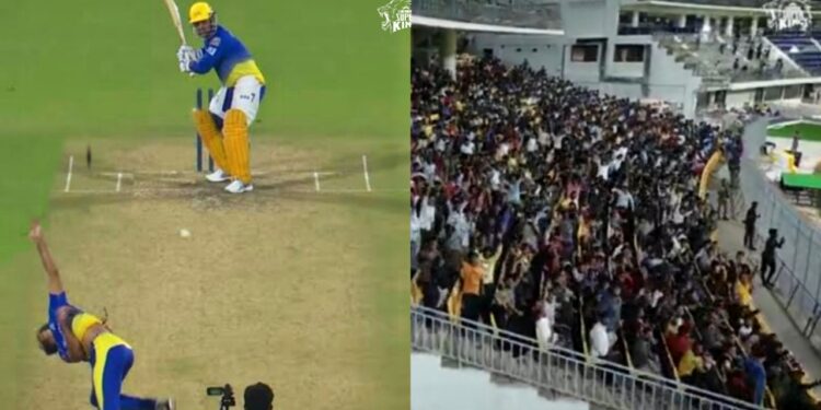 MS Dhoni hits a six during CSK Practice Match 2023.