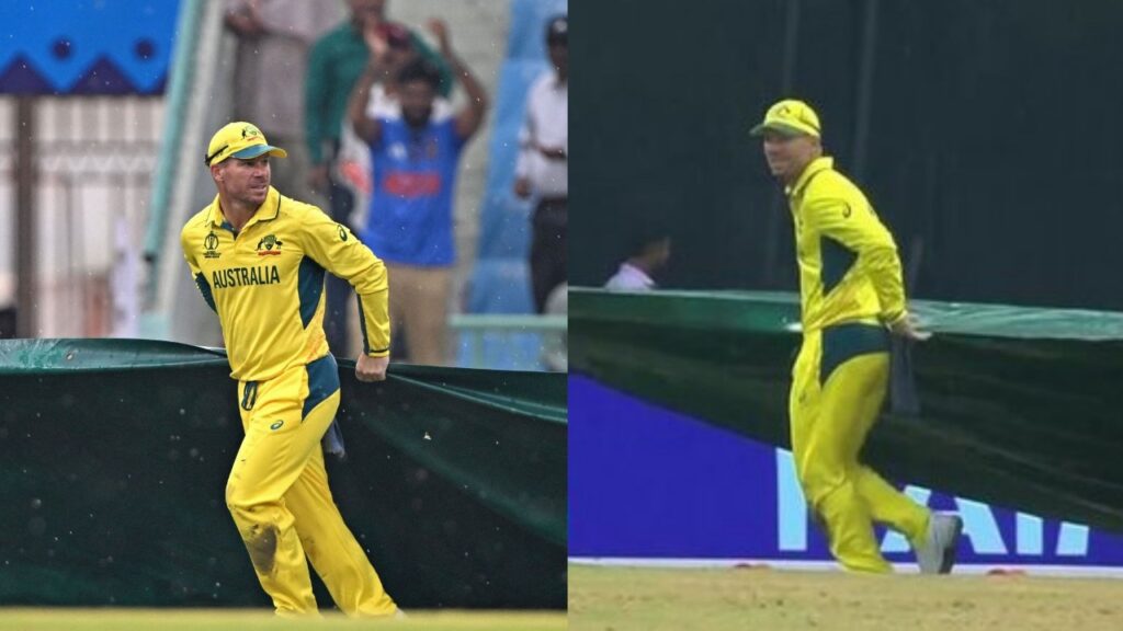 David Warner helping groundsmen