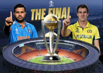 IND vs AUS final poster showcasing Narendra Modi Stadium, Ahmedabad