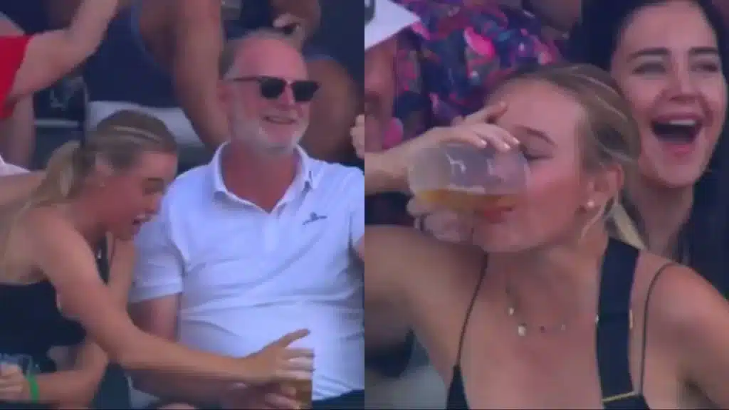 Girl chugging beer during SA20 2024 match